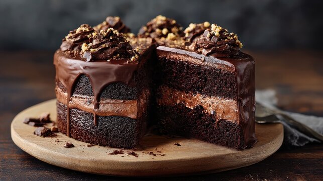 Rustic chocolate cake slice with ganache drip, layered dessert on wooden board, dark moody food photography for bakery