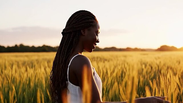 A young woman walks through a field of tall golden grass, letting her hand graze the tips as she moves.