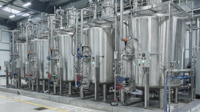 Medium shot of caustic waste treatment area featuring settling tanks and reaction vessels with clear instrumentation and safety controls in a modern processing plant.