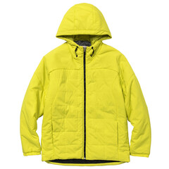 Yellow Hooded Jacket. warm sport. Men's hooded insulated down jacket with zip pockets. Green fleece jackets with a zipper. Unisex style isolated on white background Fashionable yellow wool hoodie coat © Hathaichanok