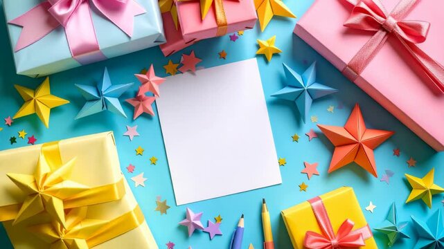 Festive flat lay with colorful presents and paper stars surrounding a blank white greeting card on blue