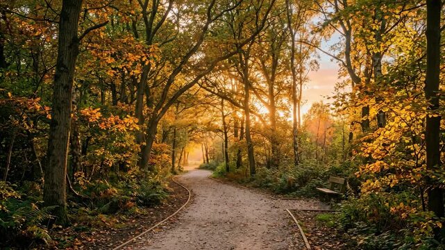 Winding gravel path through a beautiful autumn forest with golden sunlight filtering through the trees at sunset