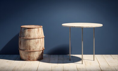 Fototapeta premium Vintage wooden barrel and modern side table on wooden floor