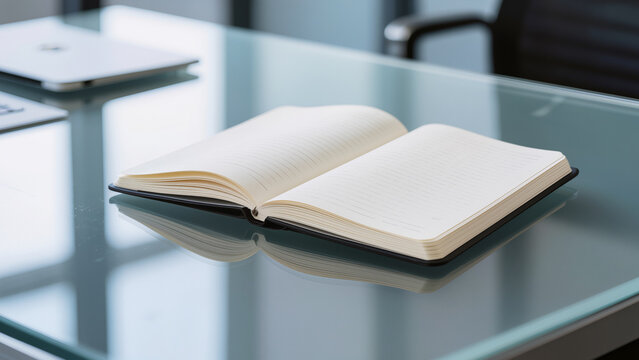 Open notebook on desk in various interiors, suitable for banners, articles, advertising, web design, business, education, planning and productivity concepts
