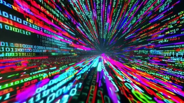 Light patterns of binary code move rapidly in a colorful digital tunnel showing data transmission and technology in action