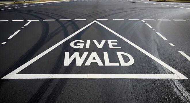 Road marking with give way sign, asphalt surface, traffic safety, road infrastructure, driving rules.