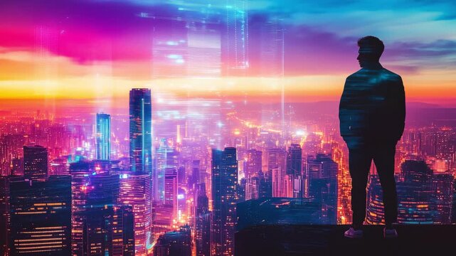 Man stands on a ledge looking over a city skyline as the sun sets and neon digital lights illuminate the buildings below
