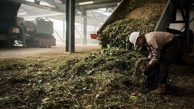 Medium shot showing the mulching process in a botanical waste valorization facility with shredded plant material being spread as organic ground cover.