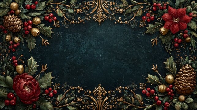 Classic Christmas greeting card featuring a central arrangement of a red poinsettia, green holly leaves, red berries, and a pine cone, set against a textured cream background with an ornate gold-dot 