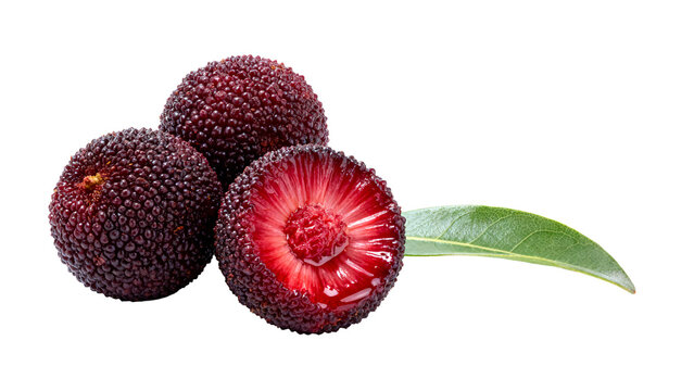 Fresh Yangmei (Chinese Bayberry) Fruit with Half Cut Showing Juicy Red Flesh and Leaf Isolated on Transparent Background &ndash; Exotic Bayberry, High-Resolution PNG.