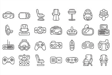 Outline vector gaming icons set featuring VR headset gamepad joystick and console technology © MD.sahadat