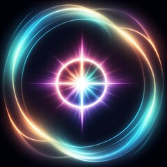 Fototapeta premium Vibrant multicolored glowing starburst with radiant circular lines on dark background