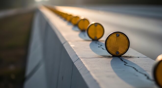 Roadside Reflectors - A Row of Yellow Reflectors Along a Concrete Barrier on a Highway.