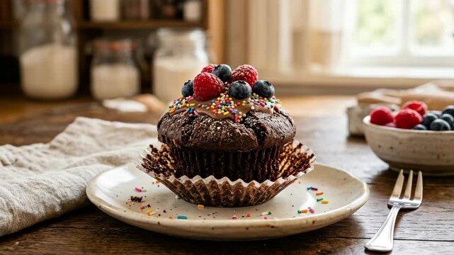 Homemade dark chocolate muffin with frosting fresh raspberries blueberries and colorful sprinkles on a rustic wooden table