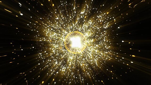 Circular solar burst with intense fiery colors and sparkling particles. 3D rotation of the solar eclipse