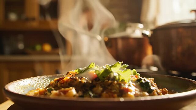 Video of steam rising from hot dish with warm vapor movement and cozy kitchen mood, comforting home cooking concept for food and lifestyle branding content.