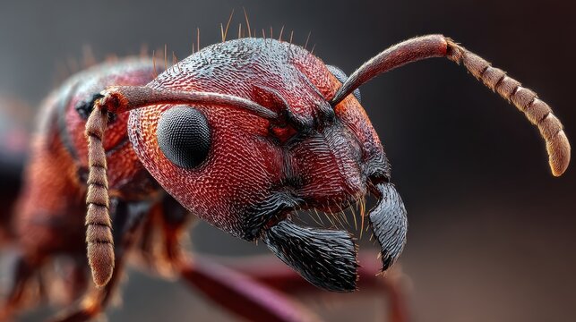 Macro ant head portrait, red and black insect close-up, extreme detail wildlife texture for science and nature design