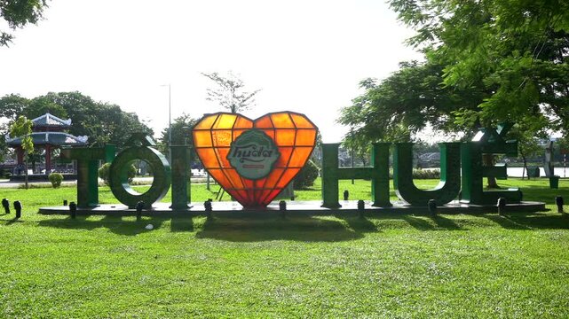 Asia , Vietnam , Hue 03,23,2026 Vietnam Asia in Hue Imperial City - Bridge over the river with Vietnamese flags for the independence celebration and the end of the war with the USA