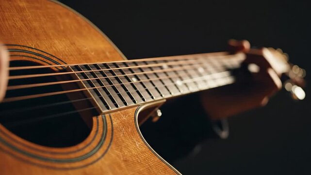 Video Acoustic guitar string vibration in detailed close-up for musician promotions, songwriting content, and warm studio ambiance visuals.