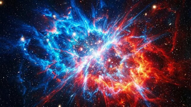 Vibrant deep space nebula featuring blue and red gas clouds during a powerful supernova star explosion