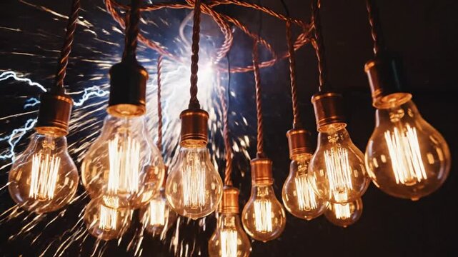 A cluster of light bulbs hanging from copper wires electrified with sparks in a dark room viewed from below