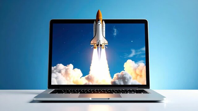 Laptop computer displaying a powerful rocket launch with fire and smoke symbolizing business success and technology