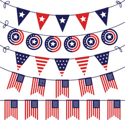 Obraz premium Multiple rows of festive American flag themed bunting and decorative pennant banners