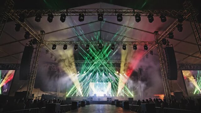 Video of dramatic stage lighting rig with sweeping laser beams and pulsing glow, nightlife entertainment concept, festival atmosphere backdrop, modern event production design, symmetrical truss