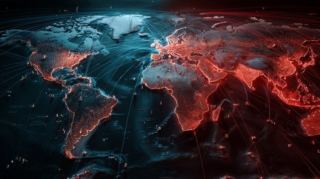 Glowing world map with red hotspots and network lines conveying global crisis, tension, control and military pressure over nations.