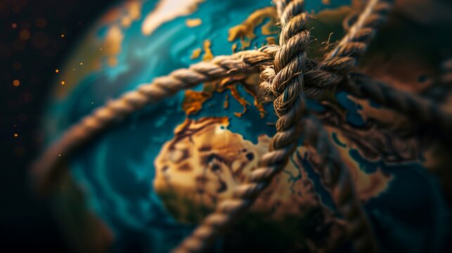 A globe tightly bound by heavy rope over a dark background, symbolizing global crisis, pressure, restriction and military tension in a world under stress.