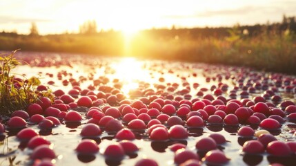 Obraz premium Floating Cranberries in Bog During Golden Hour Harvest