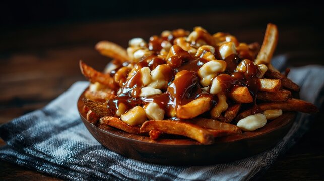Rustic poutine photo, crispy french fries with gravy and cheese curds, comfort food close-up on dark wooden table