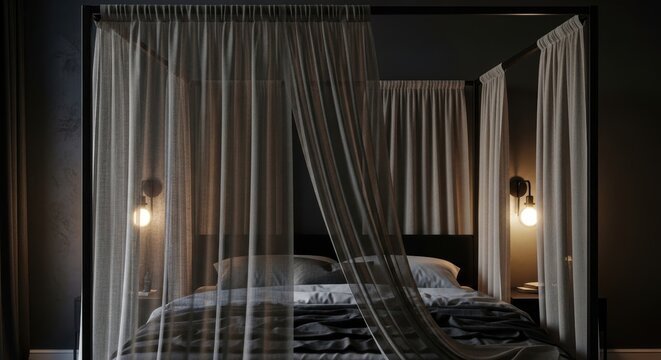 Elegant bedroom with a draped canopy bed frame featuring sheer curtains and soft ambient lighting