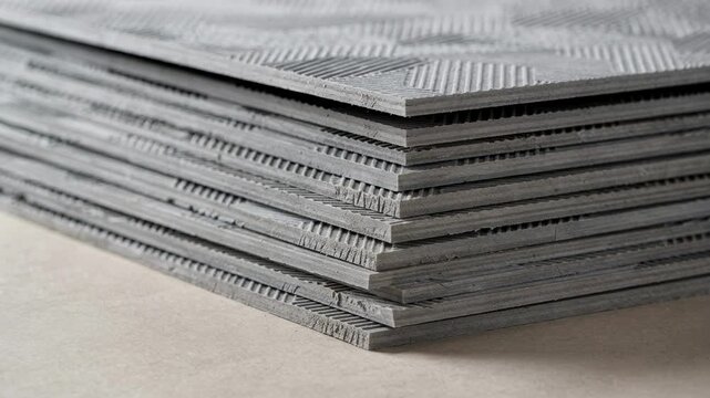 Textured extruded sheets are accurately cut and piled in stacks emphasizing the tactile surface patterns and attention to detail for specialty applications.