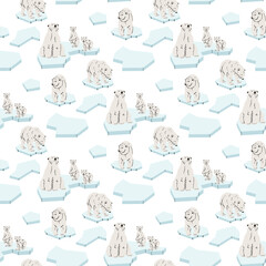 Flat seamless pattern with white polar bears, cubs and ice floes on white background. Arctic wildlife background for winter textile, nursery wallpaper or nature wrapping paper. Seamless texture © Svetlana