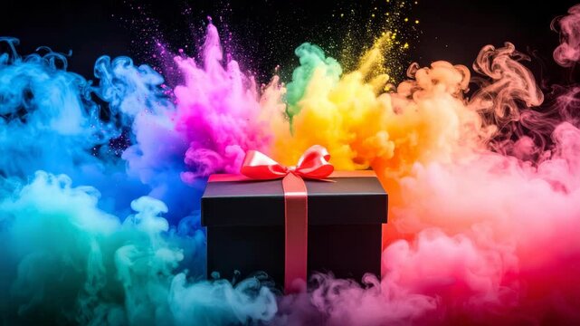 Elegant black gift box with red bow sitting amidst vibrant multi colored powder explosion and smoke