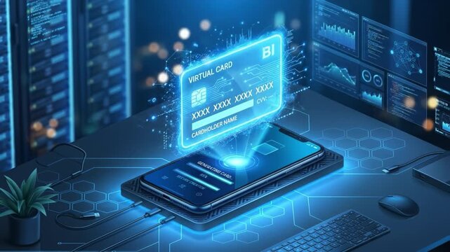 Virtual card digital payment technology with smartphone holographic interface futuristic workspace featuring online banking cybersecurity data protection financial digital wallet wireless charging