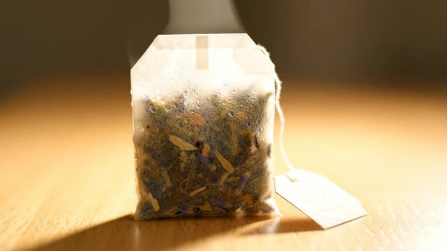 A tea bag with a label is isolated on a transparent background, representing the simple pleasure of herbal tea and hot drink preparation.