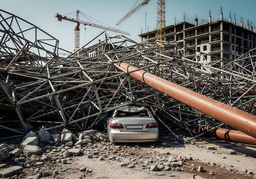 Damaged car amidst rubble and construction site debris in a desolate landscape