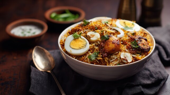 Rustic chicken biryani photo, spicy rice curry bowl with boiled eggs and herbs. Dark moody food photography for menus