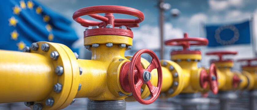 A close view of a yellow gas pipeline featuring a red flow control valve. Construction gates are visible with a European Union flag in the background