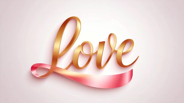 Elegant golden metallic love lettering with pink ribbon accent on soft gradient background