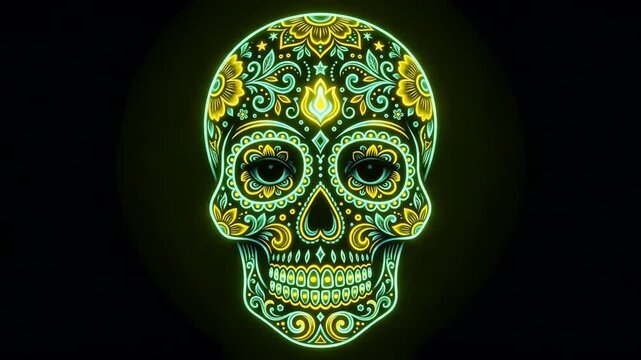 Ornate Mexican sugar skull with glowing cyan and yellow neon lights and floral patterns on black background