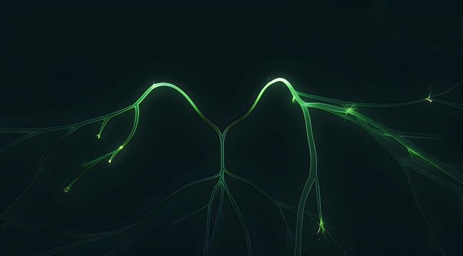Luminescent green plant-like form against dark, Y-shaped with glowing tips