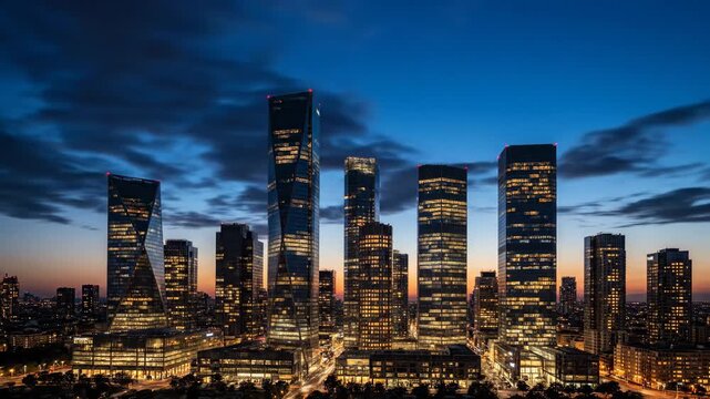 Video of Modern Urban Horizon Timelapse highlighting sunset glow, drifting clouds and architectural silhouettes for technology branding, innovation themes and global city media content in a sleek