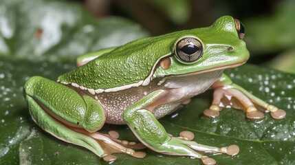 Obraz premium Green Tree Frog Perched on a Wet Leaf