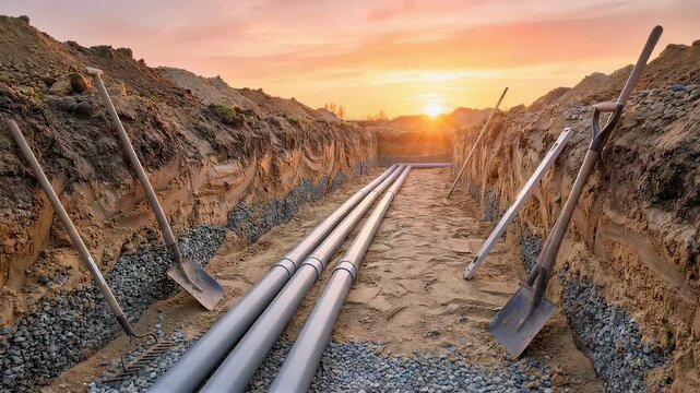 Installation of drain pipes in an open trench gradually receding from view during sunset for city communications