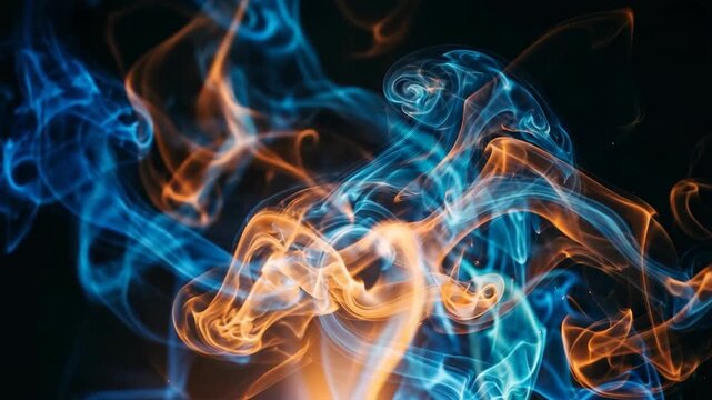 Vibrant blue and orange smoke swirls flowing together against a black background with ethereal vapor patterns