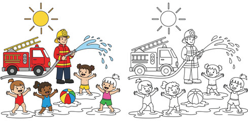 Fototapeta premium Firefighter Spraying Water for Diverse Children to Play in Summer Heat with Fire Truck Illustration - Colored and Line Art Coloring Page Version