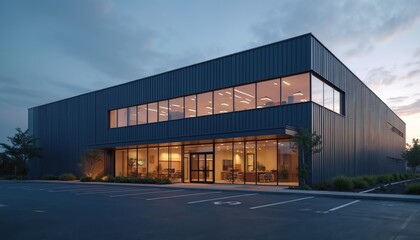 Fototapeta premium Modern industrial building exterior at dusk. Large windows reveal lit office spaces. Dark metal facade, empty parking lot. Commercial facility, business structure, R and D center.